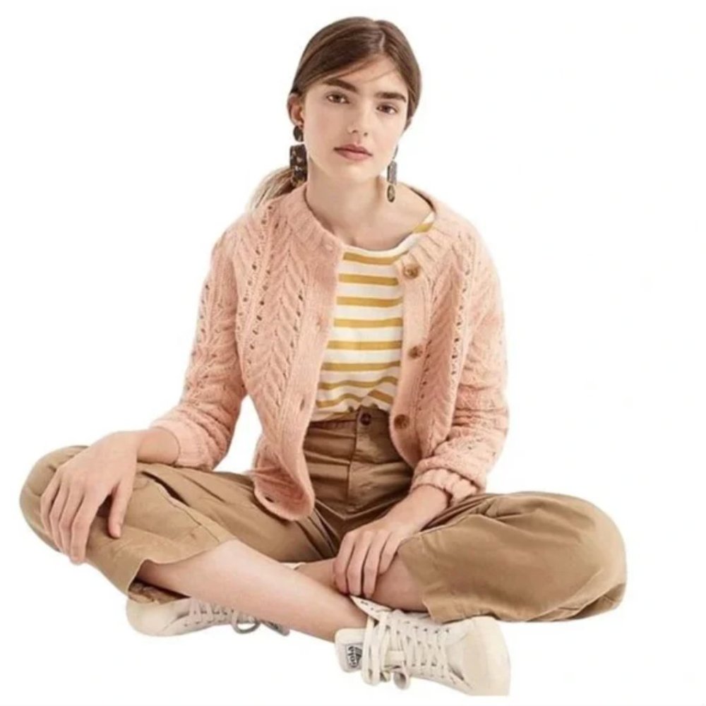 J. CREW Point Sur Pointelle Knit Cardigan Sweater Subtle Pink Mohair {T31}